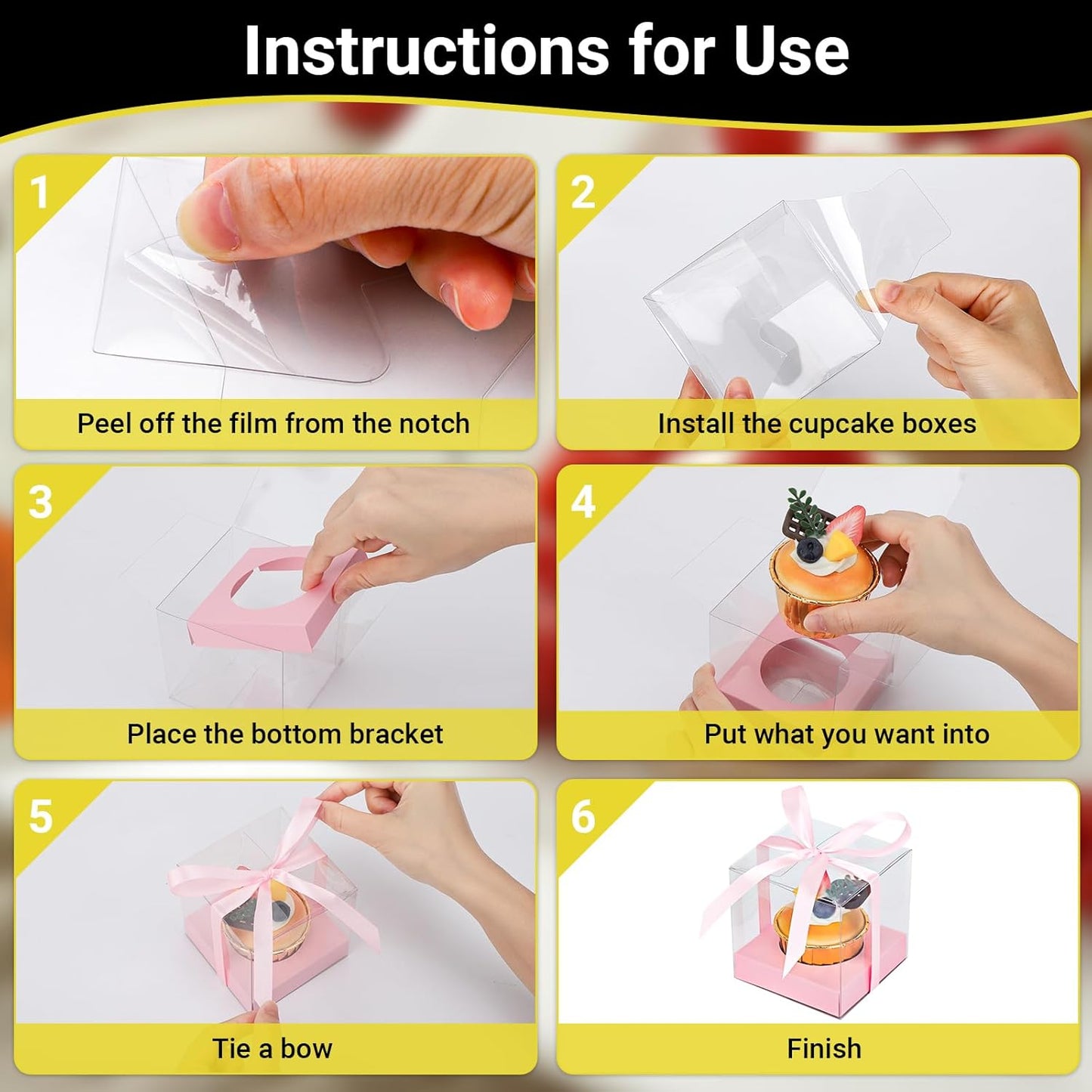 EUSOAR Individual Cupcake Holder, 50pcs 3.5 Inch Plastic Black Cupcake Containers with Lids, Single Transparent Display Clear Cupcake Carrier with Ribbon and Inserts for Wedding Party Favor