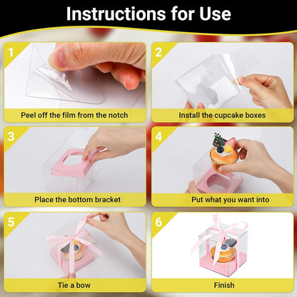 EUSOAR Individual Cupcake Holder, 50pcs 3.5 Inch Plastic Black Cupcake Containers with Lids, Single Transparent Display Clear Cupcake Carrier with Ribbon and Inserts for Wedding Party Favor