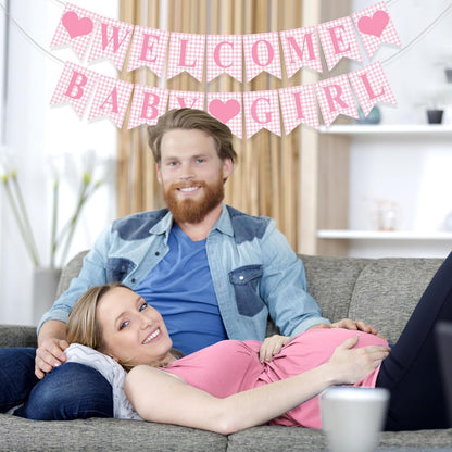 Hahafelt 1 Pcs Blue Gingham Welcome Baby Boy Banner for Baby Shower Party Decorations Pre Strung Gender Reveal Paper Banner for Table, Wall, Mantel Display Party Decor Supplies