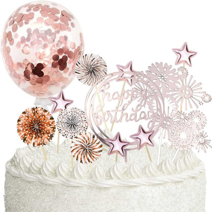 Cake Topper Decoration Set Acrylic Glitter Happy Birthday Cake Topper with Confetti Balloon Paper Fans Stars Firework Cupcake Toppers for Gold Theme Decor Girl Women Birthday Party Supplies (Gold)
