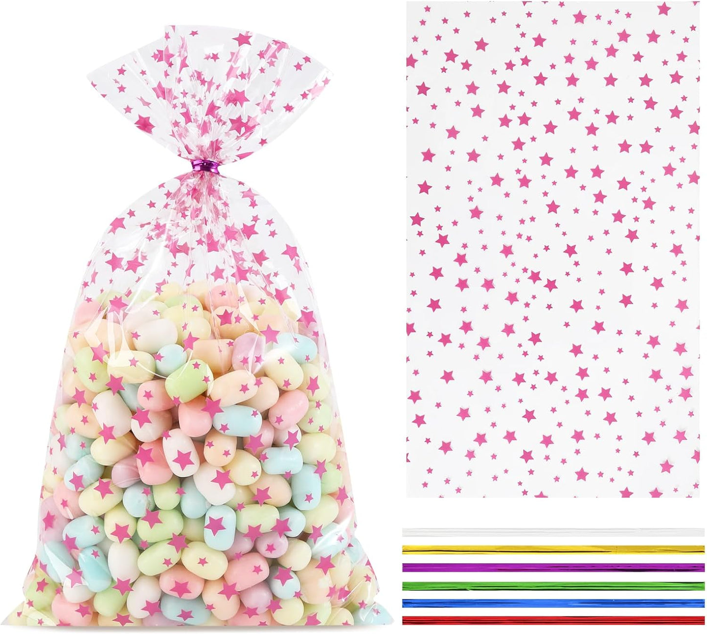 100 Pcs Star Printed 5"X 7" Gift Wrap Cello Cellophane Treat Bags Party Favor bags Clear Candy Cookie Bag Plastic Poly Goodie Storage Bag with Twist Ties for Bakery,Birthday, Wedding ,Party Decorations (Gold)
