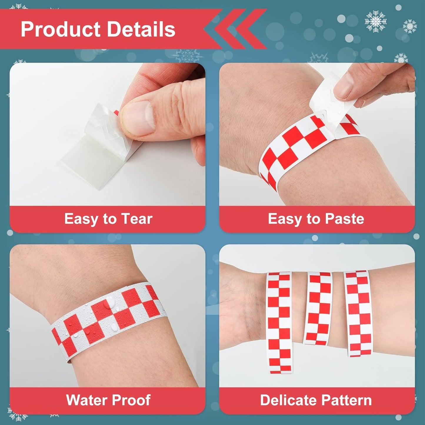 AllReal 600 Pcs Red Checkered Paper Wristbands Checks Wrist Bands for Events Neon Waterproof Paper Bracelets Adhesive Identification Hand Bands for Concerts Party