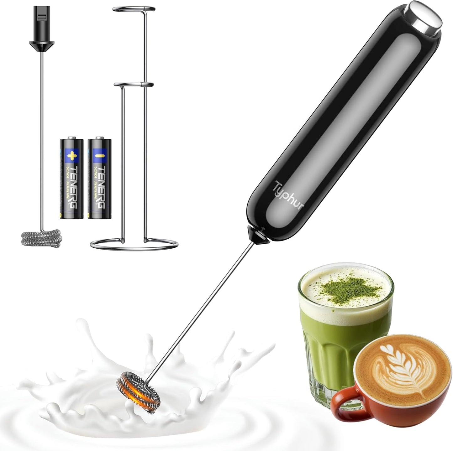 InstaWhisk Milk Frother with Variable Speed, Battery Operated Handheld Coffee Foam Frother Wand, Electric Drink Mixer with Stand & Detachable Double Whisk, Stainless Stirrer for Latte, Matcha, Protein