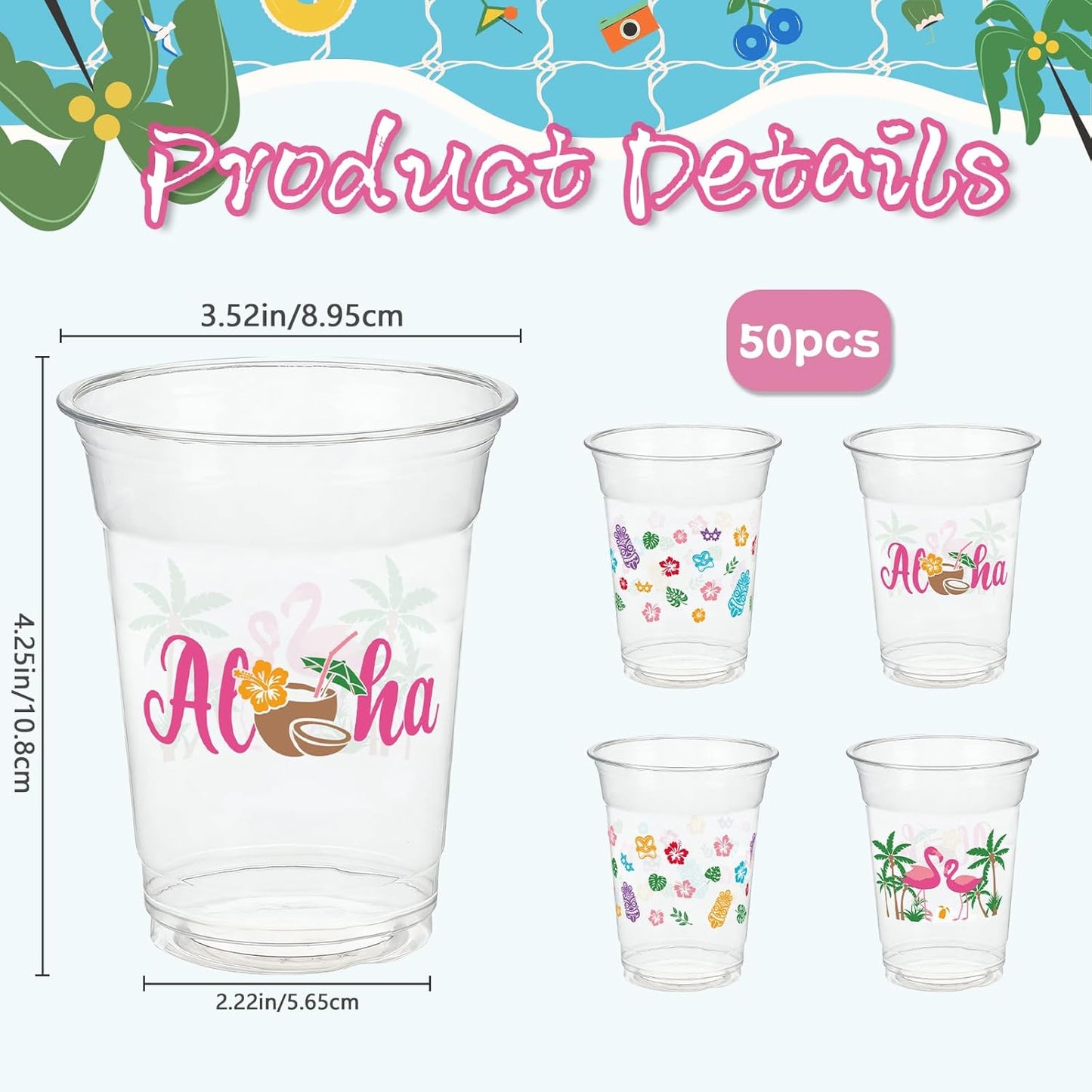 GuassLee 50 Luau Cups for Hawaiian Luau Party Decorations, 12 OZ Tiki Tropical Plastic Disposable Cups for Pool Flamingo Tiki Birthday Party Decor Supplies