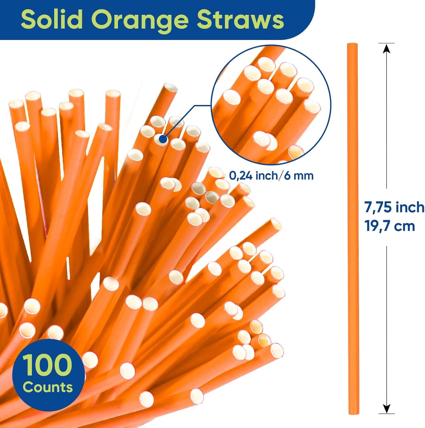 Disposable Paper Straws Solid Green - 7.75'' x 0.24'', 100 Counts - for Drinking, Beverage, Juice, Soda, Bar Supplies