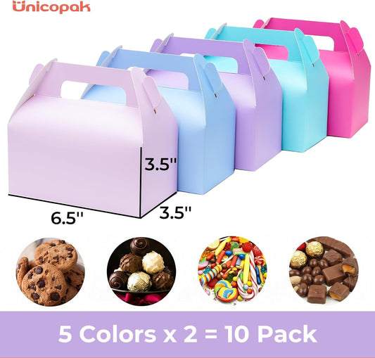 UnicoPak 30 Pack Pastel Party Favor Bag Boxes, Gable Gift Boxes with Handles for Candies Treats Goodies Cookies, Ideal for Theme Birthday Party, Classroom Events, Valentine's Day, 6.5x3.5x3.5 Inches