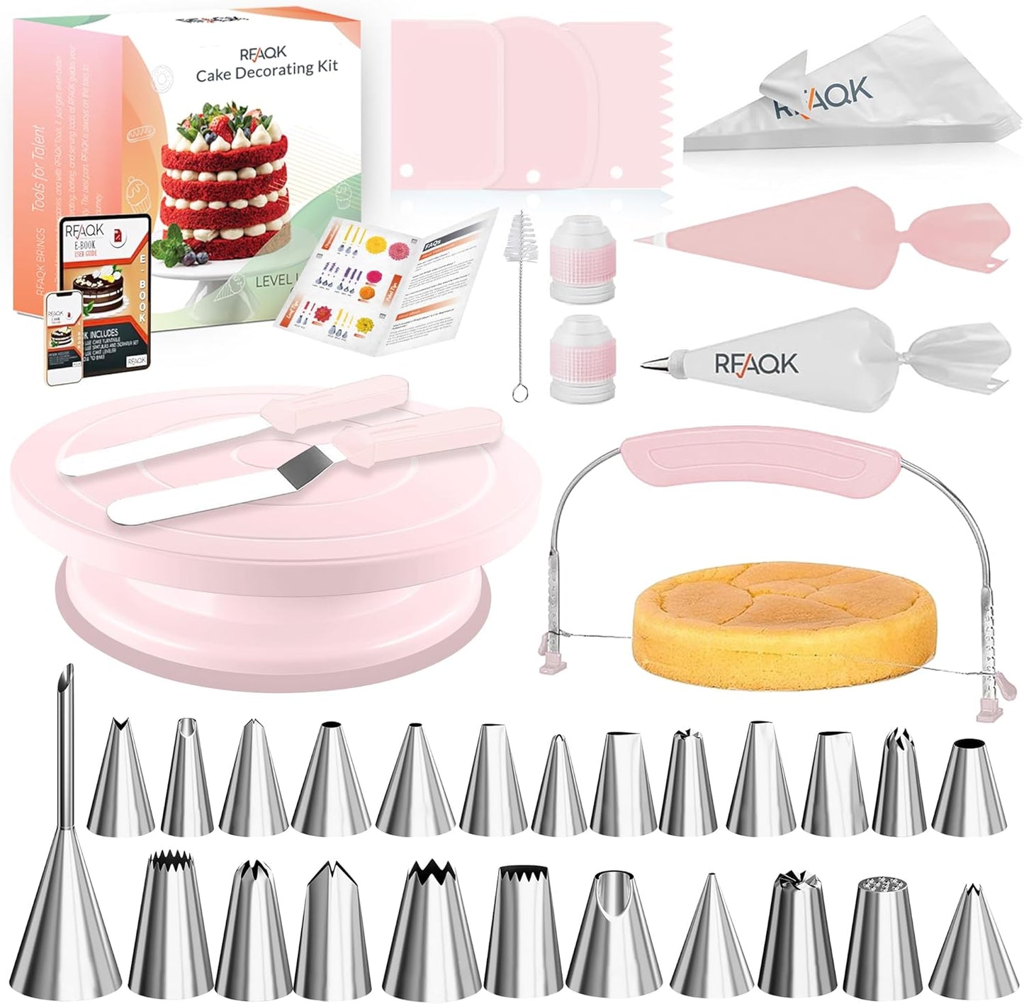 RFAQK 90PCs Cake Decorating Kit with Leveler, Baking Supplies Gift Includes Cake Stand Turntable, 24 Numbered Icing Tips, 55+1 Piping Bags, 2 Frosting Spatulas, 3 Scrappers, Video Course & Booklet