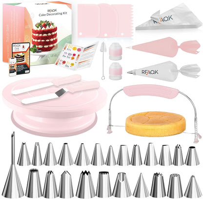 RFAQK 90PCs Cake Decorating Kit with Leveler, Baking Supplies Gift Includes Cake Stand Turntable, 24 Numbered Icing Tips, 55+1 Piping Bags, 2 Frosting Spatulas, 3 Scrappers, Video Course & Booklet