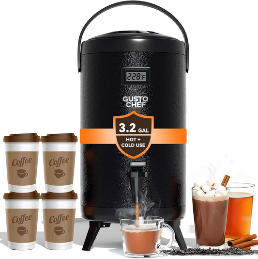 Insulated Beverage Dispenser 3 Gallon,Hot&Cold Drink Dispenser with Spigot,LCD Thermometer,Stainless Steel Triple-Layer Insulation,for Tea Coffee Milk Juice,Party Buffet(Black, 1 Pack)