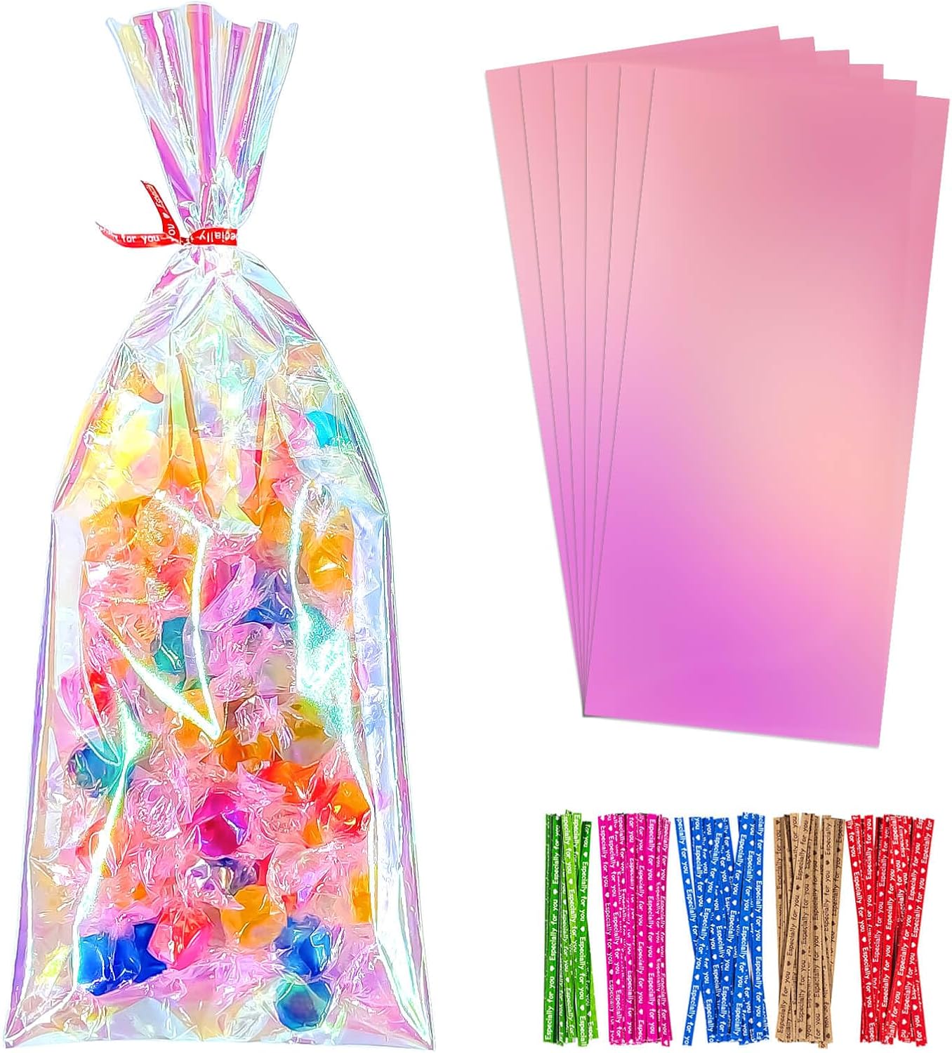 5x7 Inch Iridescent Cellophane Treat Bags with Twist Ties, Treat Bags for Candy Cookie Goodie Chocolates, And Popcorn