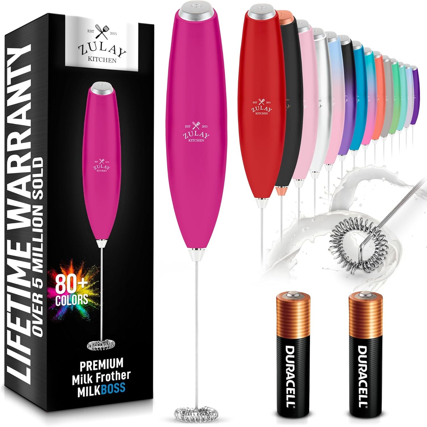 Zulay Kitchen Powerful Milk Frother AA Batteries Included – Ultra Fast Handheld Drink Mixer with Stainless Steel Whisk Stirrer for Coffee, Protein, Matcha & More, Frother Wand Electric Frothmate Black - Colors E