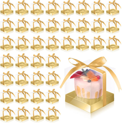 Thenshop 50 Pcs Clear Cupcake Boxes Individual 3.5 Inch Plastic Single Cupcake Containers Boxes with Inserts and Ribbon Individual Cake Storage Holders for Cake Kitchen(Dark Blue)