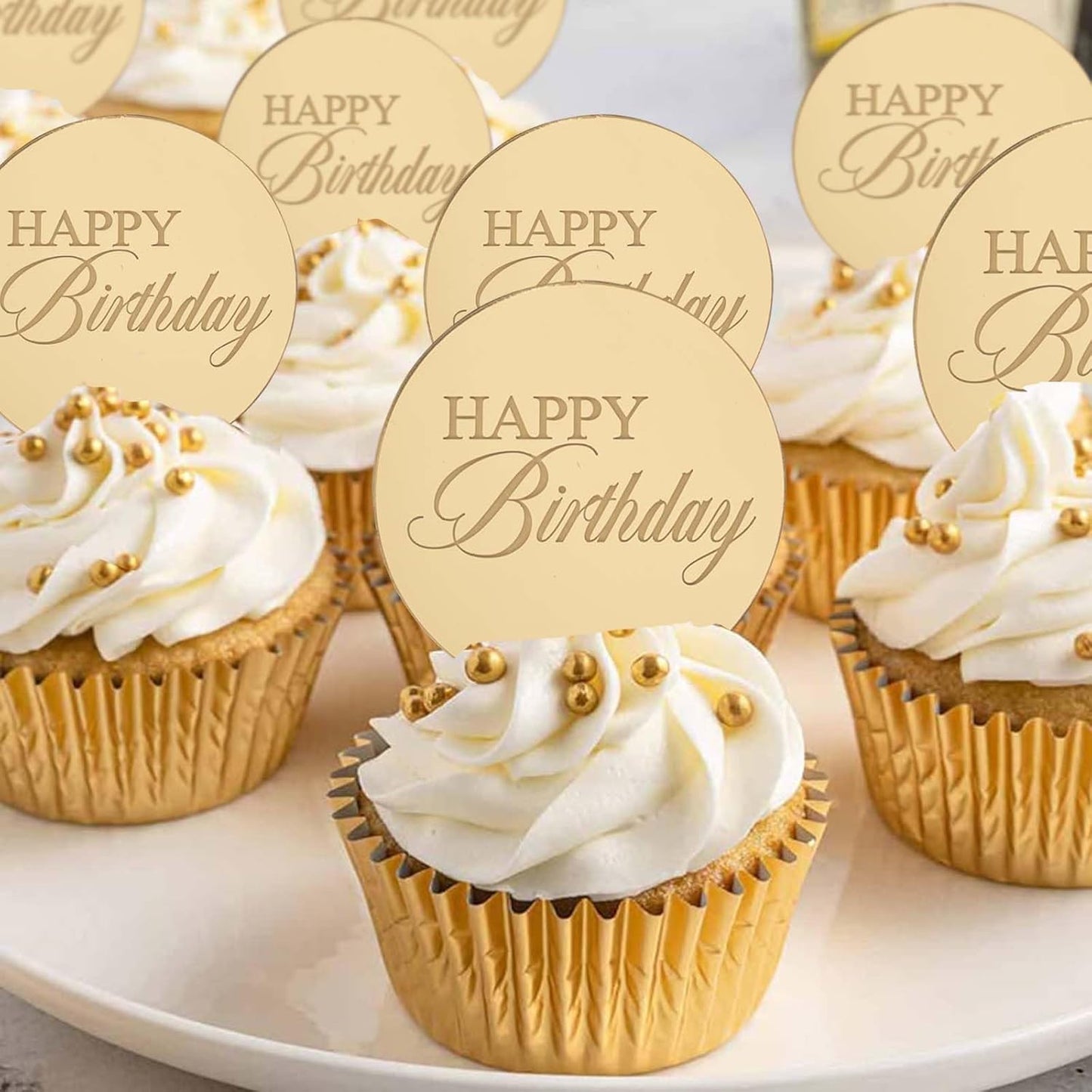 20pcs Gold Mirror Acrylic Happy Birthday Cupcake Toppers Round Engraved Cake Picks Happy Birthday Cake Toppers for DIY Birthday Gift Flower Bouquet Pastries Desserts Decor