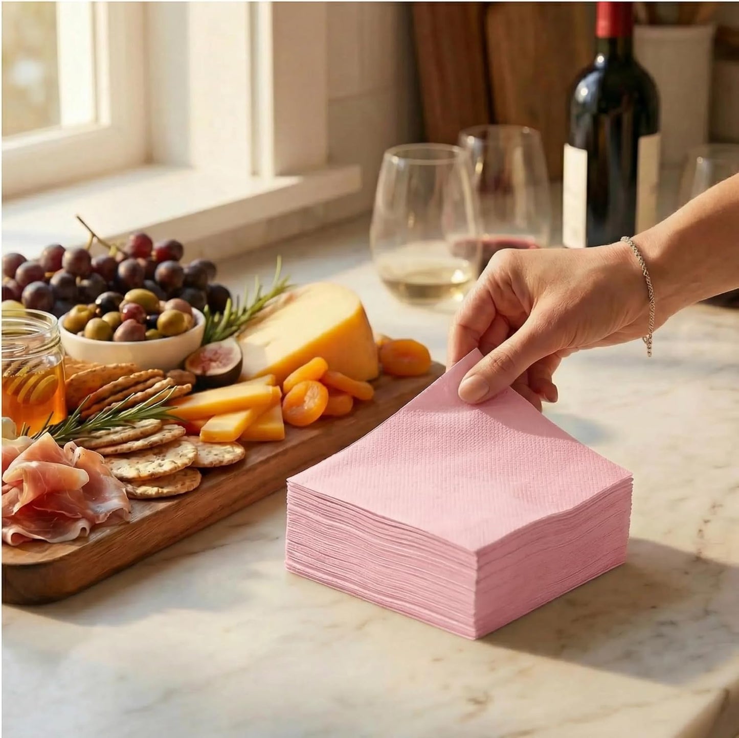 AH AMERICAN HOMESTEAD Cocktail Napkins-Disposable Beverage/Bar Napkins-White Linen-Like Square Napkins-Eco-Friendly & Compostable-Everyday Use, Party or Wedding 4.75inch x 4.75inch (100 Count, White)