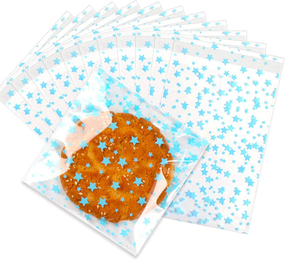 100 Pcs Star Printed 5"X 7" Gift Wrap Cello Cellophane Treat Bags Party Favor bags Clear Candy Cookie Bag Plastic Poly Goodie Storage Bag with Twist Ties for Bakery,Birthday, Wedding ,Party Decorations (Gold)