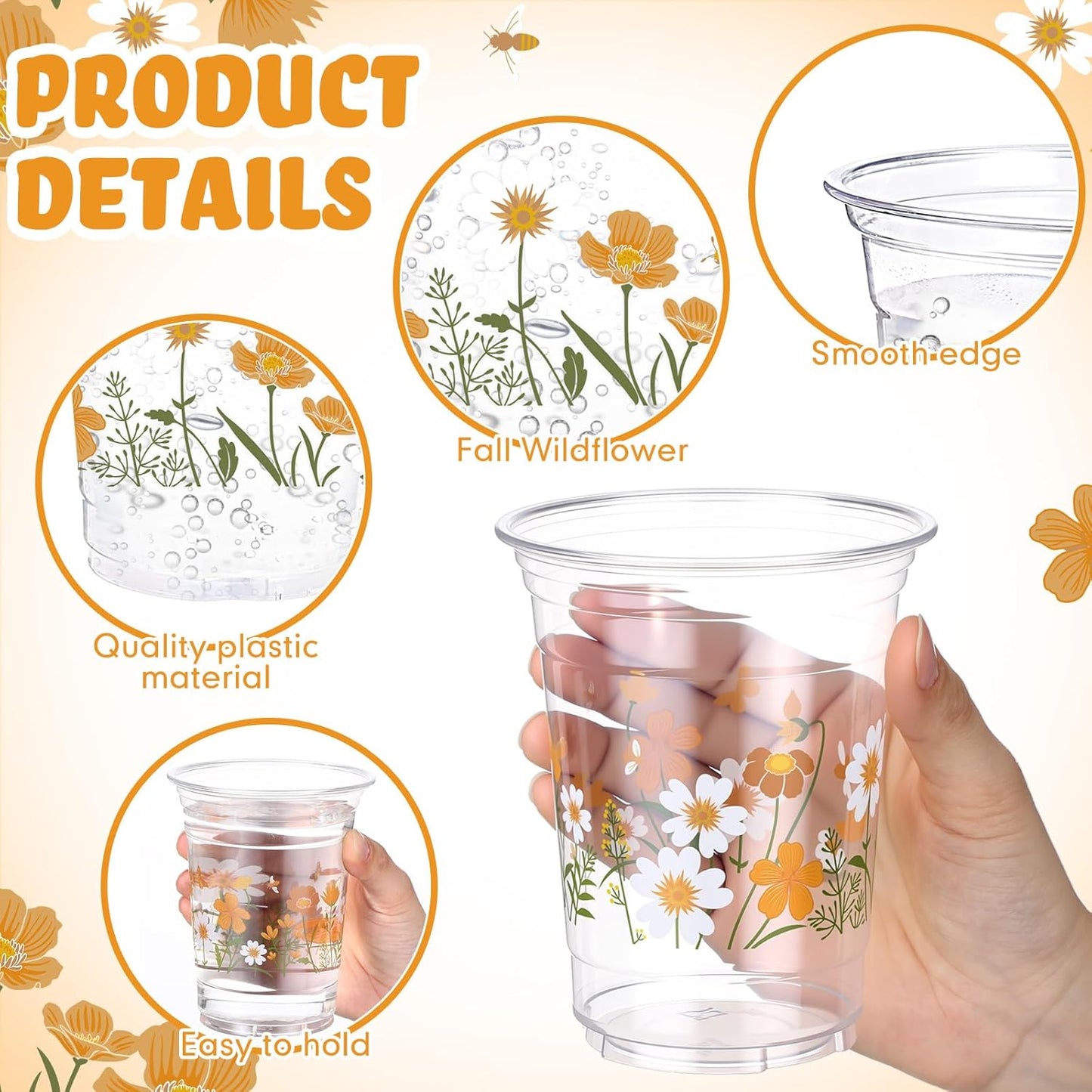 Hushee 60 Pcs Purple Floral Cups with Spring Summer Flower 16 oz Wildflowers Plastic Disposable Drinking Cups for Summer Spring Birthday Baby Shower Wedding Party Supplies