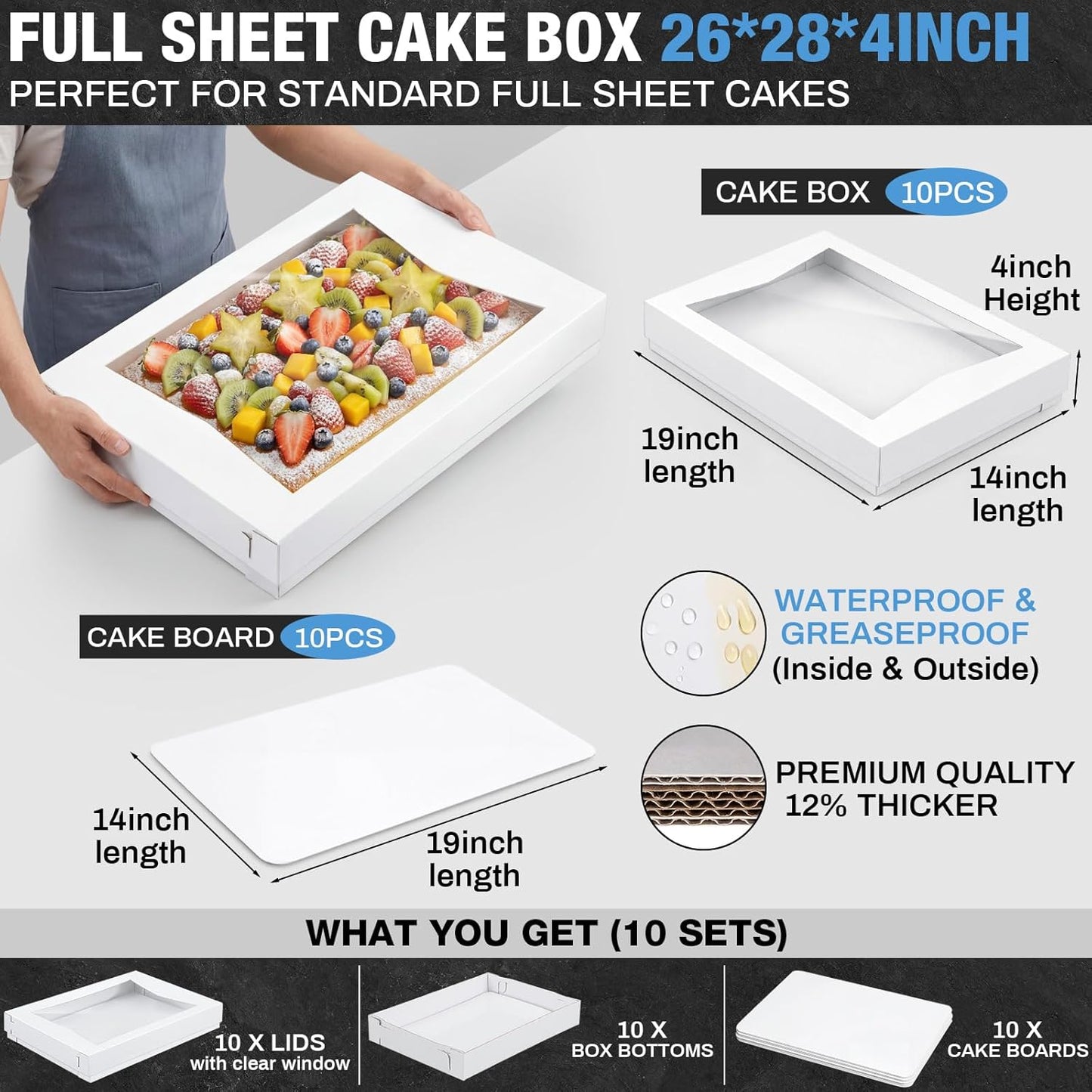 10 Sets 19 x 14 x 4 Inch Heavy Duty Half Sheet Cake Box with Window Include Corrugated Paperboard Cake Box Bottom Bakery Top Greaseproof Pad Tray for Dessert