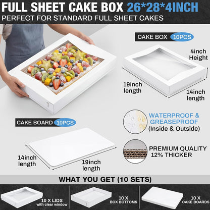 10 Sets 19 x 14 x 4 Inch Heavy Duty Half Sheet Cake Box with Window Include Corrugated Paperboard Cake Box Bottom Bakery Top Greaseproof Pad Tray for Dessert