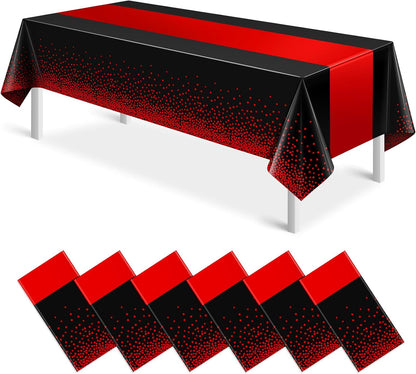 MASHAN 3Pcs Black and Red Tablecloth Party Decorations,Plastic Black Table Cloth Printed Red Table Runner Disposable Rectangle Cover for Birthday Weeding Anniversary Graduation Party,54 x108 Inch