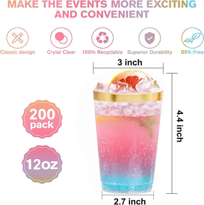 supernal 100pcs Gold Plastic Cups 12 oz, Glitter Clear Disposable Cups Heavy Duty, Fancy Plastic Cocktail Tumblers for Wedding, Parties Champagne & Mixed Drinks