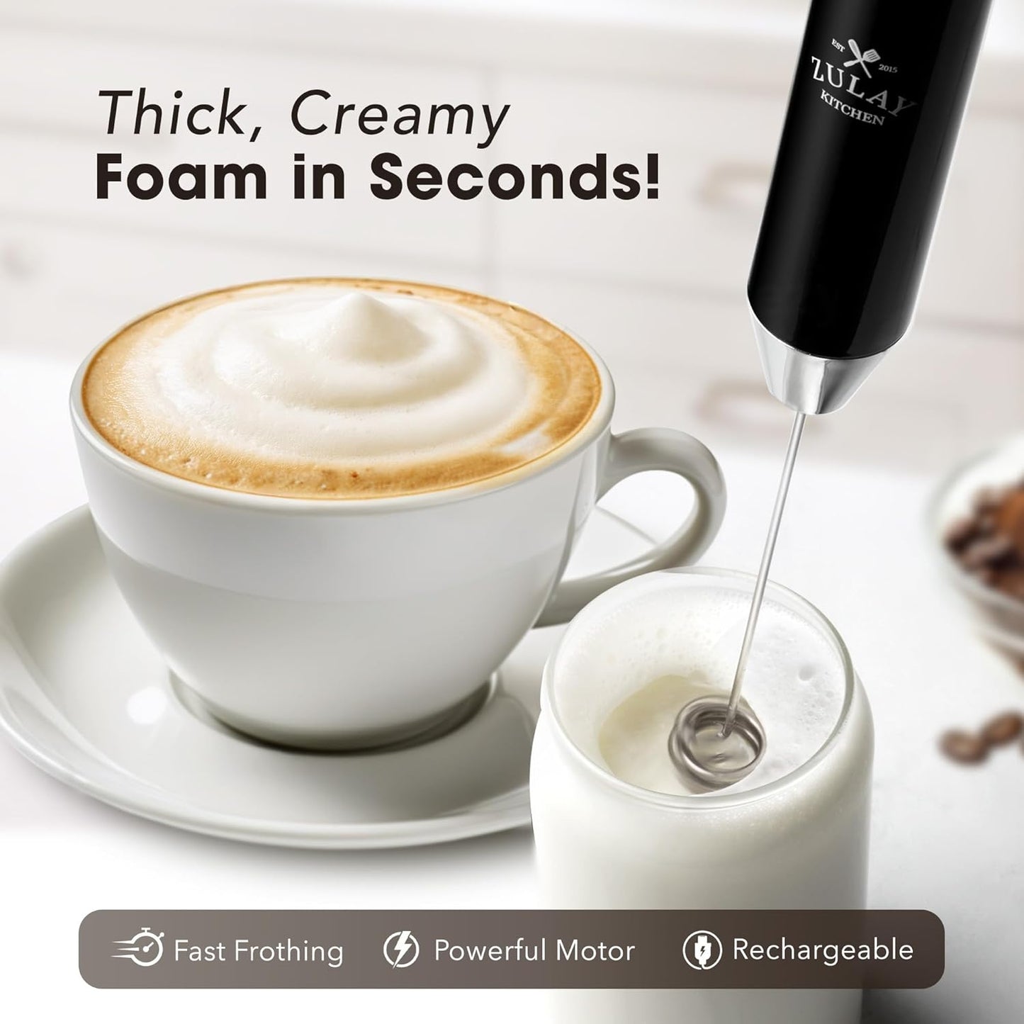 Zulay Kitchen Powerful Milk Frother Wand With Duracell Batteries - Ultra Fast Handheld Drink Mixer - Electric Whisk Foam Maker for Coffee, Lattes, Cappuccino & Matcha - Z1 Motor - Black - Colors C