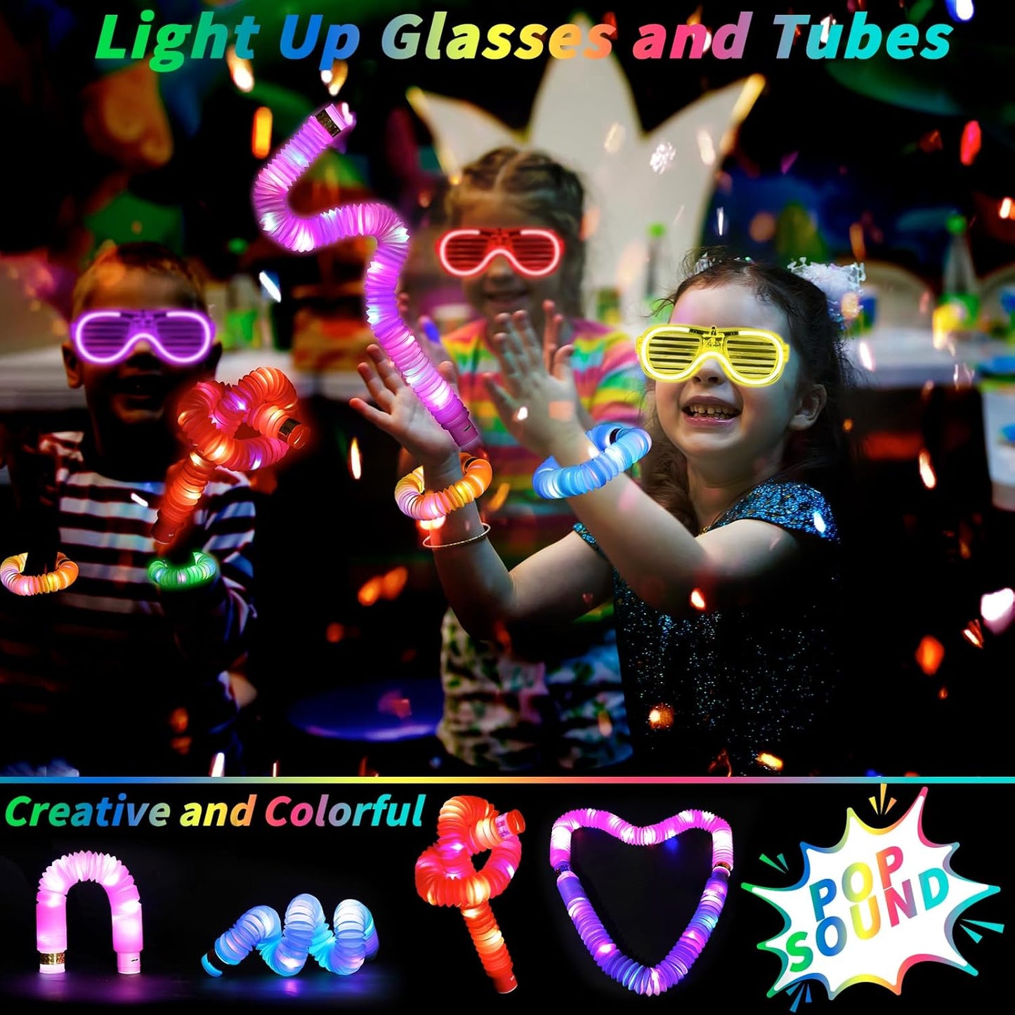 44 Pcs Glow in the Dark Party Supplies 20 LED Light Up Glasses 24 Glow Sticks LED Party Favors Light Up Pop Tubes Flash Glasses LED Bracelet Necklace for Birthday Wedding Goodie Bag