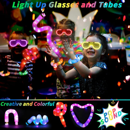 44 Pcs Glow in the Dark Party Supplies 20 LED Light Up Glasses 24 Glow Sticks LED Party Favors Light Up Pop Tubes Flash Glasses LED Bracelet Necklace for Birthday Wedding Goodie Bag