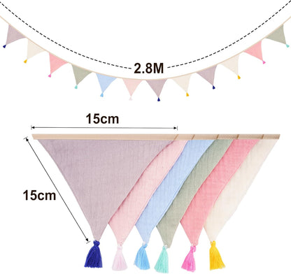 G2PLUS Cotton Fabric Bunting Banner, 9Ft Green Triangle Pennant Banner Flag, 12pcs Double-Sided Bunting Garland with Tassels for Birthday, Nursery, Baby Shower, Classroom Hanging Decor