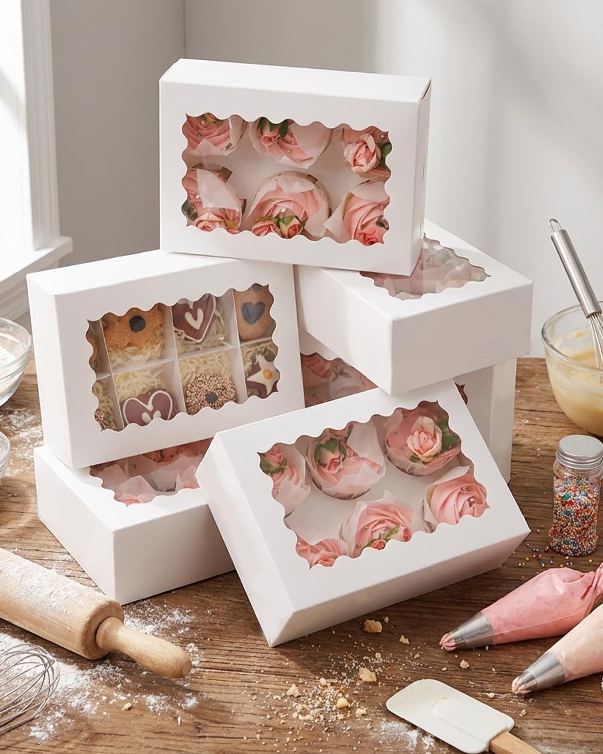 qiqee Auto-pop Up Cupcake Boxes with Window White 40PCS 12 Count Cupcake Box 13"x10"x3.5" Cupcakes Carrier, 12 Cupcake Containers with 2 rolls of pink ribbons