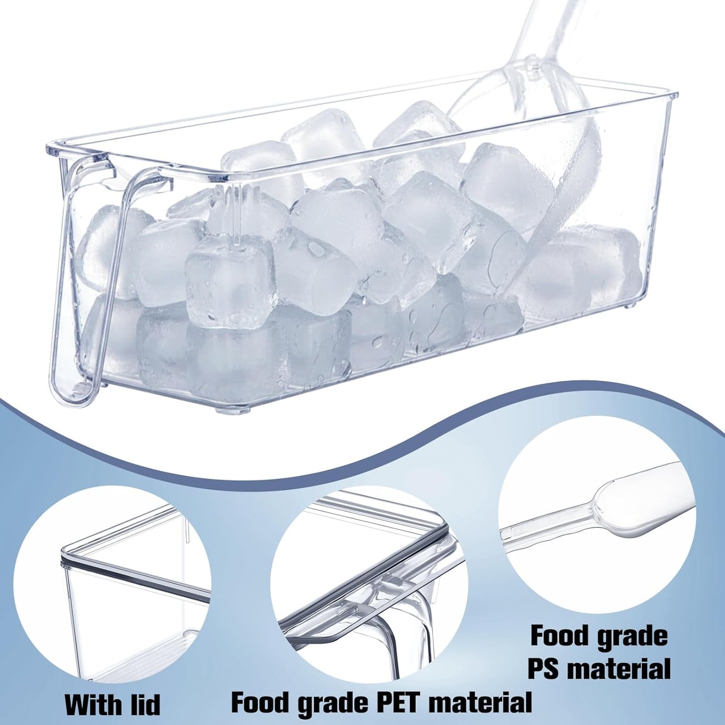 Havawish 4 Pcs Ice Storage Bin for Freezer with Lid and Flexible Scoop Set Plastic Ice Container with Lid Handle for Home Office Fridge Storage (12.4 x 8.07 x 3.94 Inches,Clear)