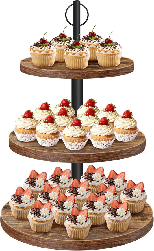 Cupcake Stand, 3 Tier Cake Stands Rustic Dessert Table Display Set Wood Cupcake Tower Cake Stand Tiered Tray Stand for Wedding Birthday Baby Shower 2 Pack
