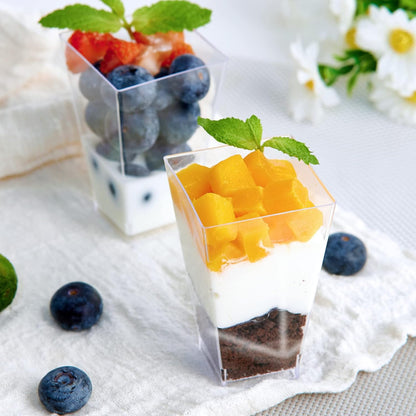 JOLLY CHEF 100 Pack 3 oz Square Mini Dessert Cups with Spoons, Clear Plastic Parfait Appetizer Cup, Small Plastic Dessert Serving Bowl for Tasting Party