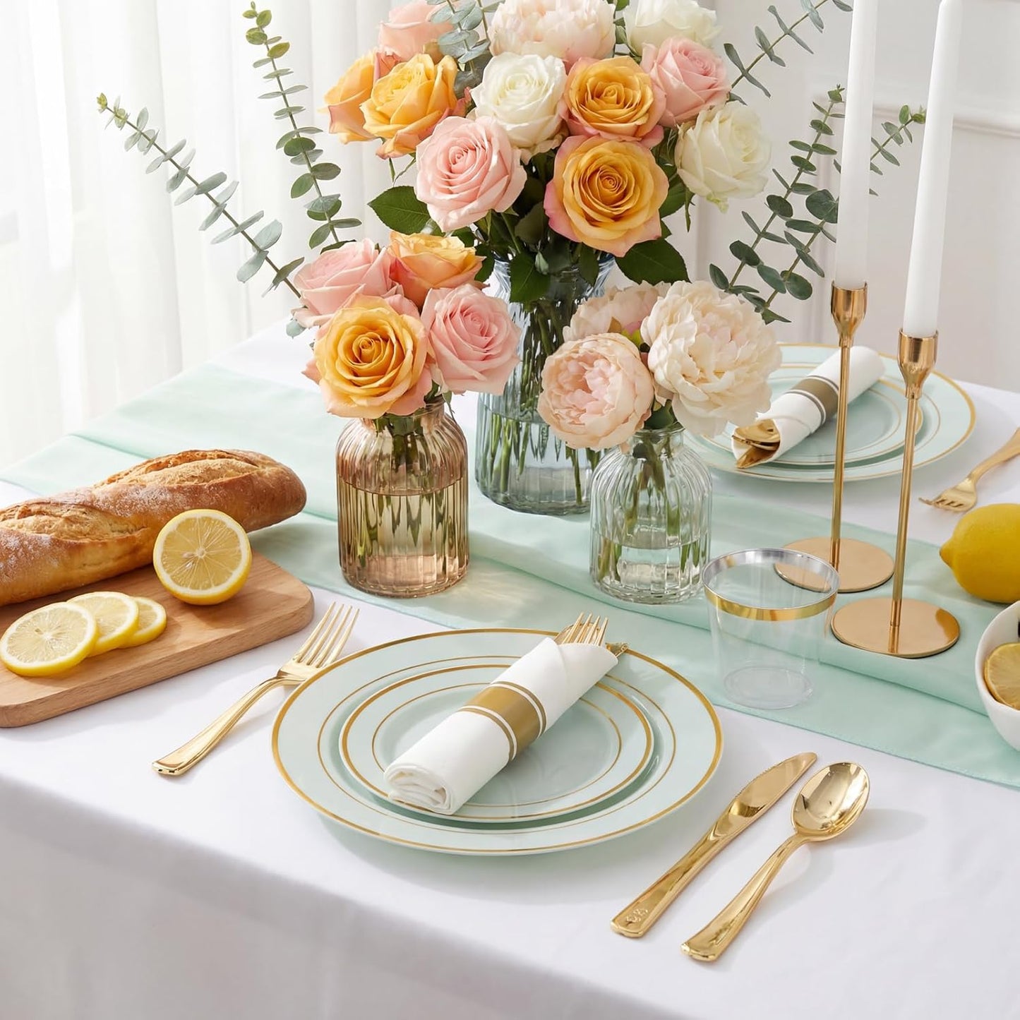 350 Pieces Black and Gold Plastic Plates with Disposable Silverware, Include 50 Dinner Plates 9”, 50 Dessert Plates 6.3”, 50 Black Cups 9 OZ, 50 Pre Rolled Napkins for Wedding Party Graduation