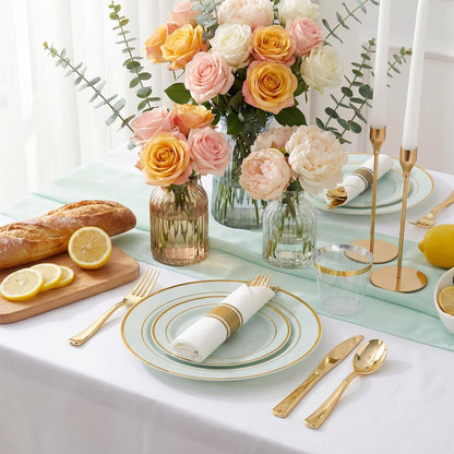 350 Pieces Black and Gold Plastic Plates with Disposable Silverware, Include 50 Dinner Plates 9”, 50 Dessert Plates 6.3”, 50 Black Cups 9 OZ, 50 Pre Rolled Napkins for Wedding Party Graduation