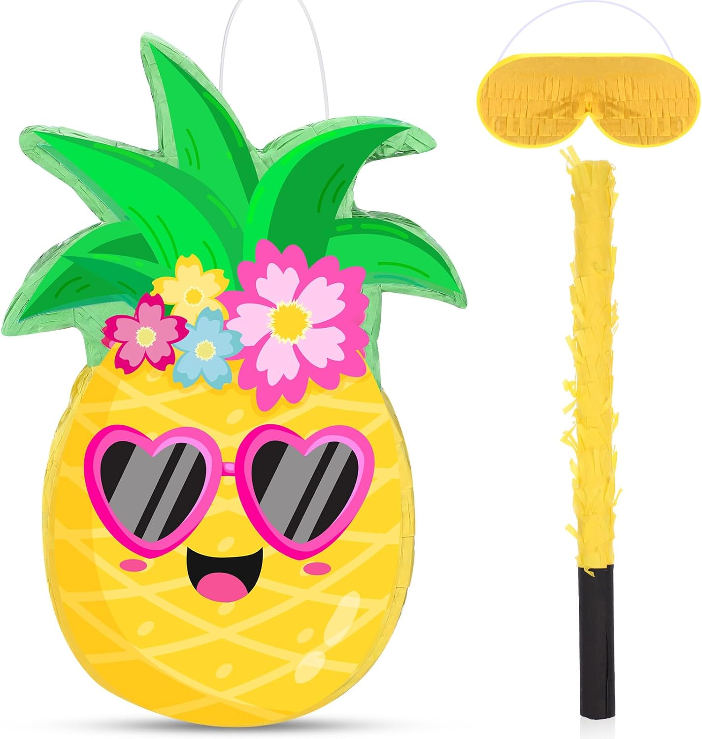 Threan Small Tiki Tropical Hawaii Piñata with Blindfold Bat Aloha Luau Piñata for Hawaiian Luau Themed Party Decoration Summer Birthday Party Supplies, 15.7 x 3.1 x 12.2 Inch