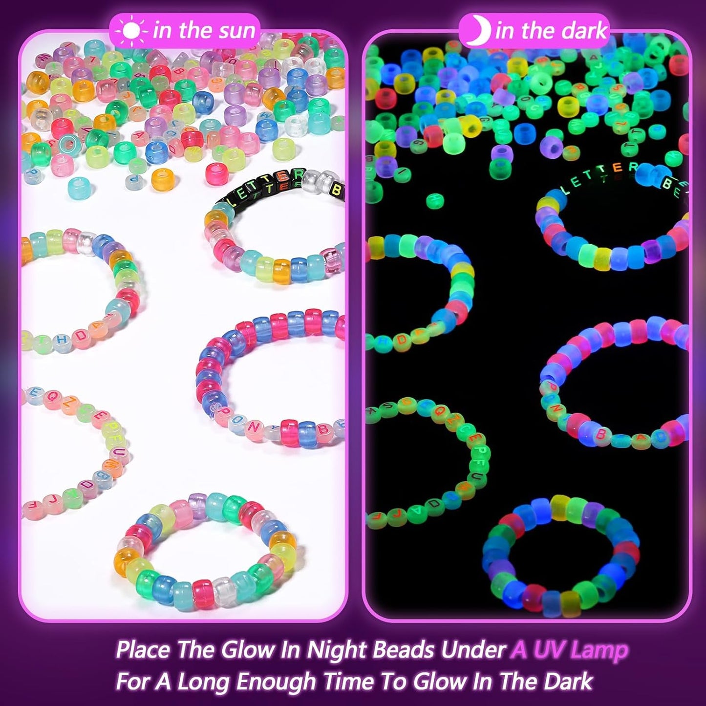 1000Pcs Glow Letter Beads Acrylic Alphabet Bead Glow in The Dark, 4x7 mm Round Beads for Friendship Bracelets and DIY Crafts
