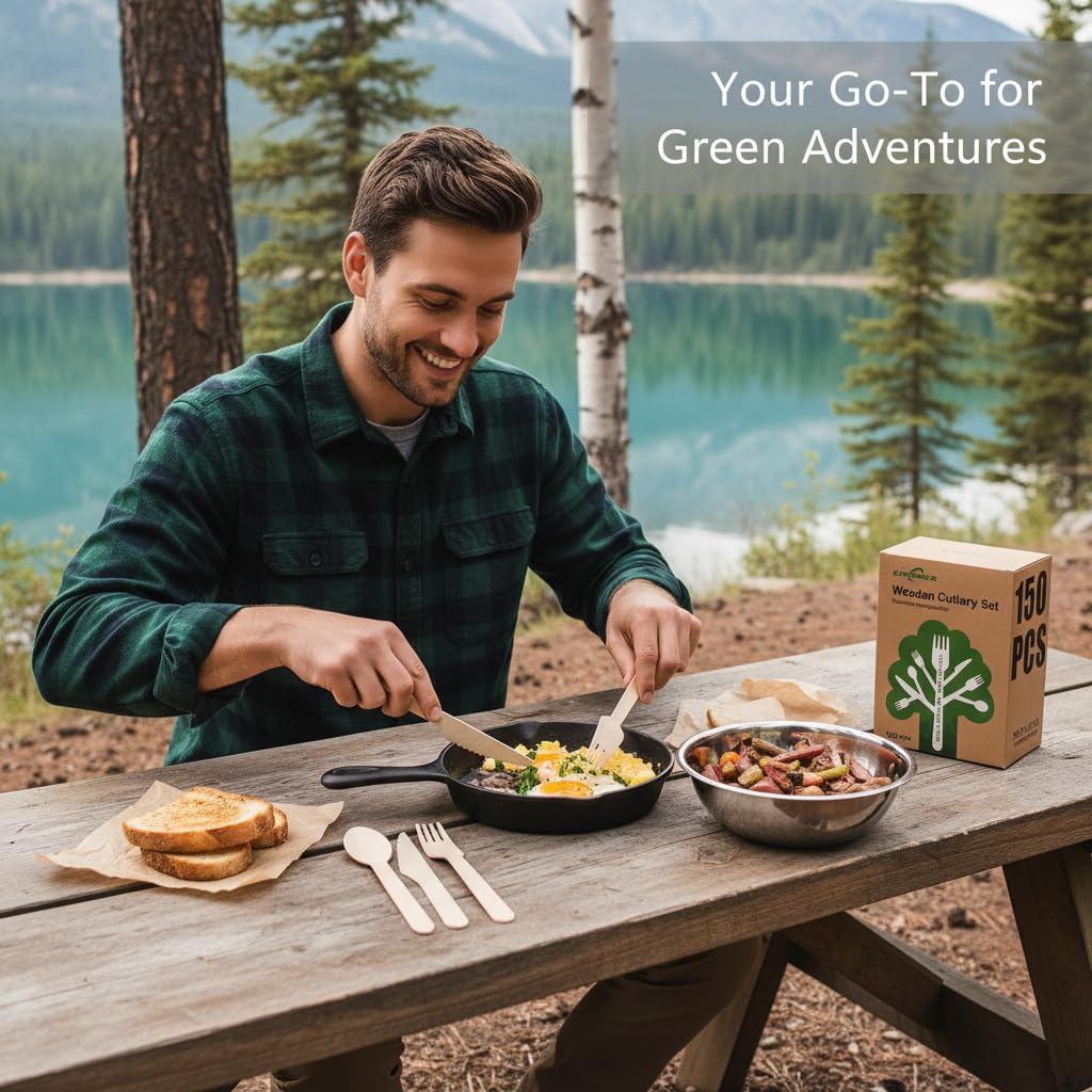 100% Compostable Cutlery Set - 150 Pieces Wooden Compostable Utensils [50 Forks, Knives, Spoons] - Disposable Wooden Cutlery, Eco Friendly Forks & Spoons Set Party Utensils