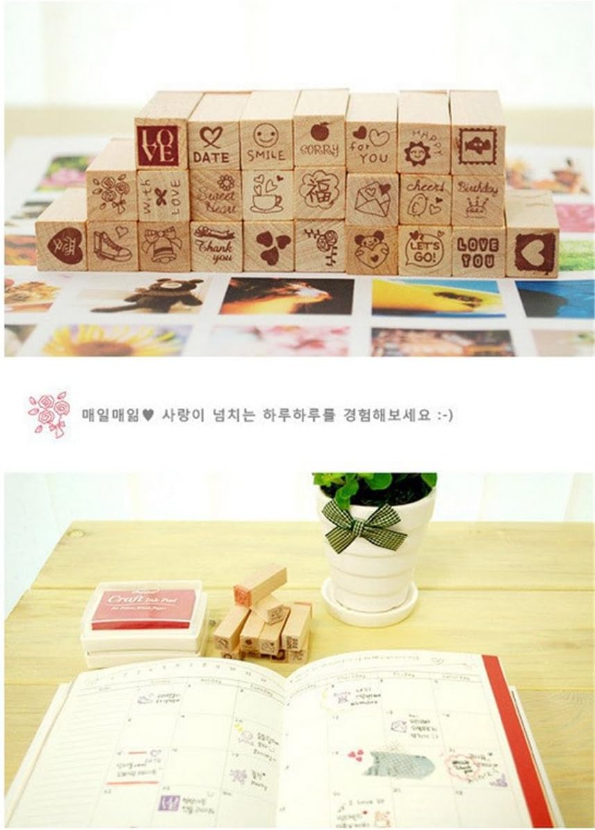 Pack of 25 Pcs Small Green Happy Life Shape Wooden Rubber Stamps with Box for DIY Craft Card and Photo Album (Green)