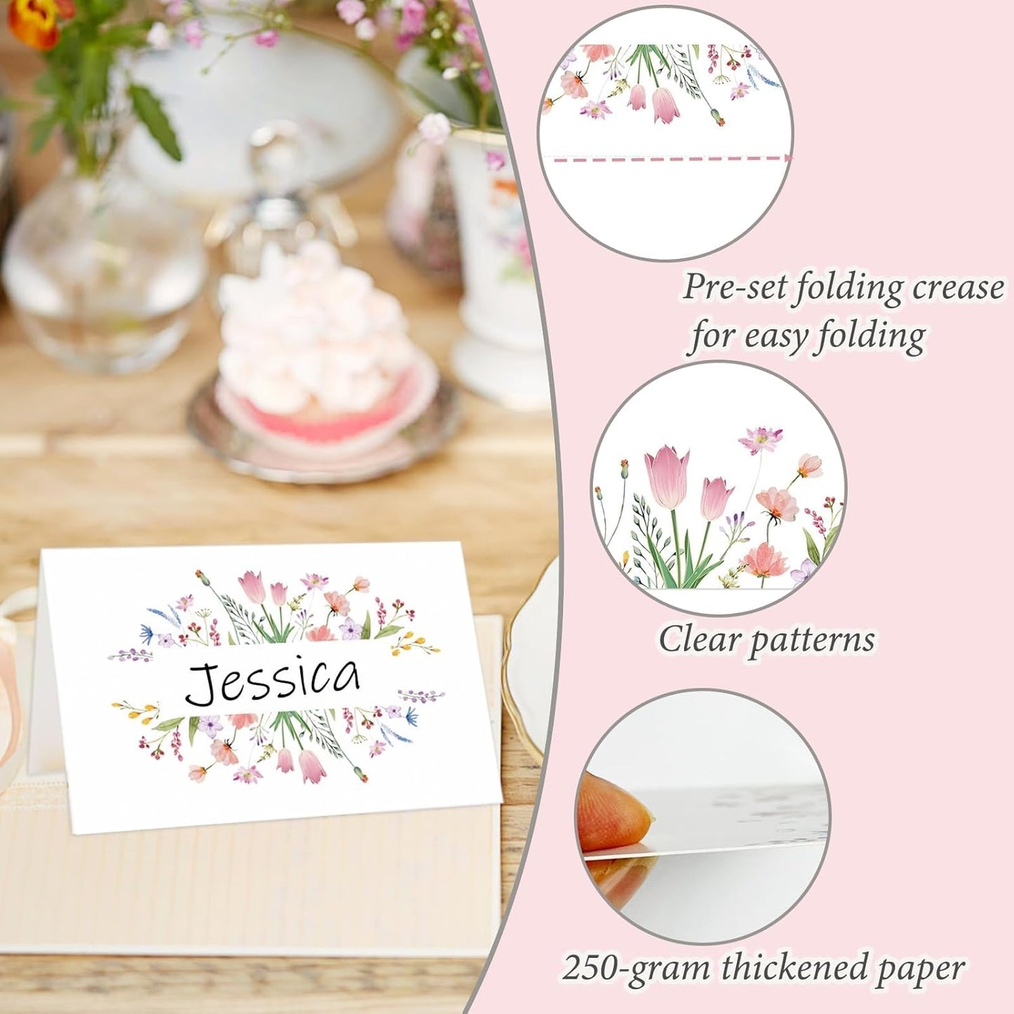50Pcs Thanksgiving Name Cards for Table, Floral Name Card for Table Setting, 3.3" x 2" Tent Cards for Wedding Engagement Bridal Shower Birthday