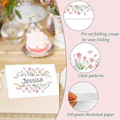 50Pcs Thanksgiving Name Cards for Table, Floral Name Card for Table Setting, 3.3" x 2" Tent Cards for Wedding Engagement Bridal Shower Birthday