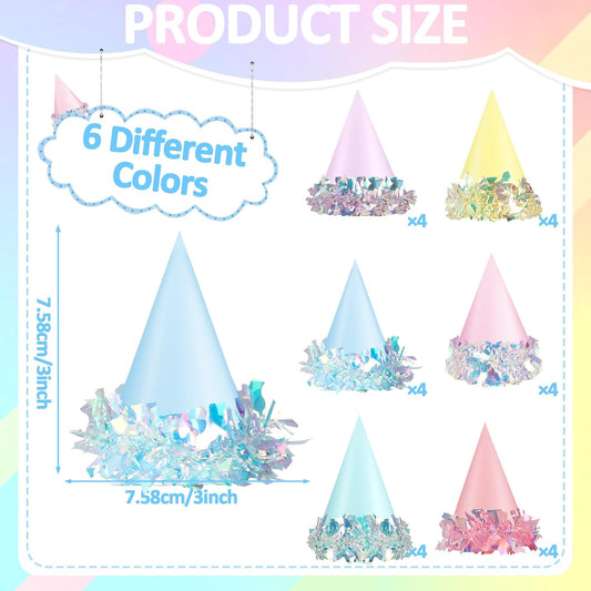 24 Pcs Iridescent Foil Pastel Mini Party Hats for Dog Cat Birthday Party Supplies Pastel Rainbow Small Puppy Birthday Hats Colorful Paper Cone Caps for Dolls Animals Pets Grooming Costume Accessories