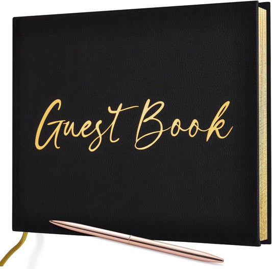 JUBTIC Black Guest Book for Graduation Party Guest Sign in Book with Pen for Reception, Wedding, Baby Shower, Birthday, Shower, Funeral, 100 Pages with Gilded Edges and Gold Foiled Cover -7×10″