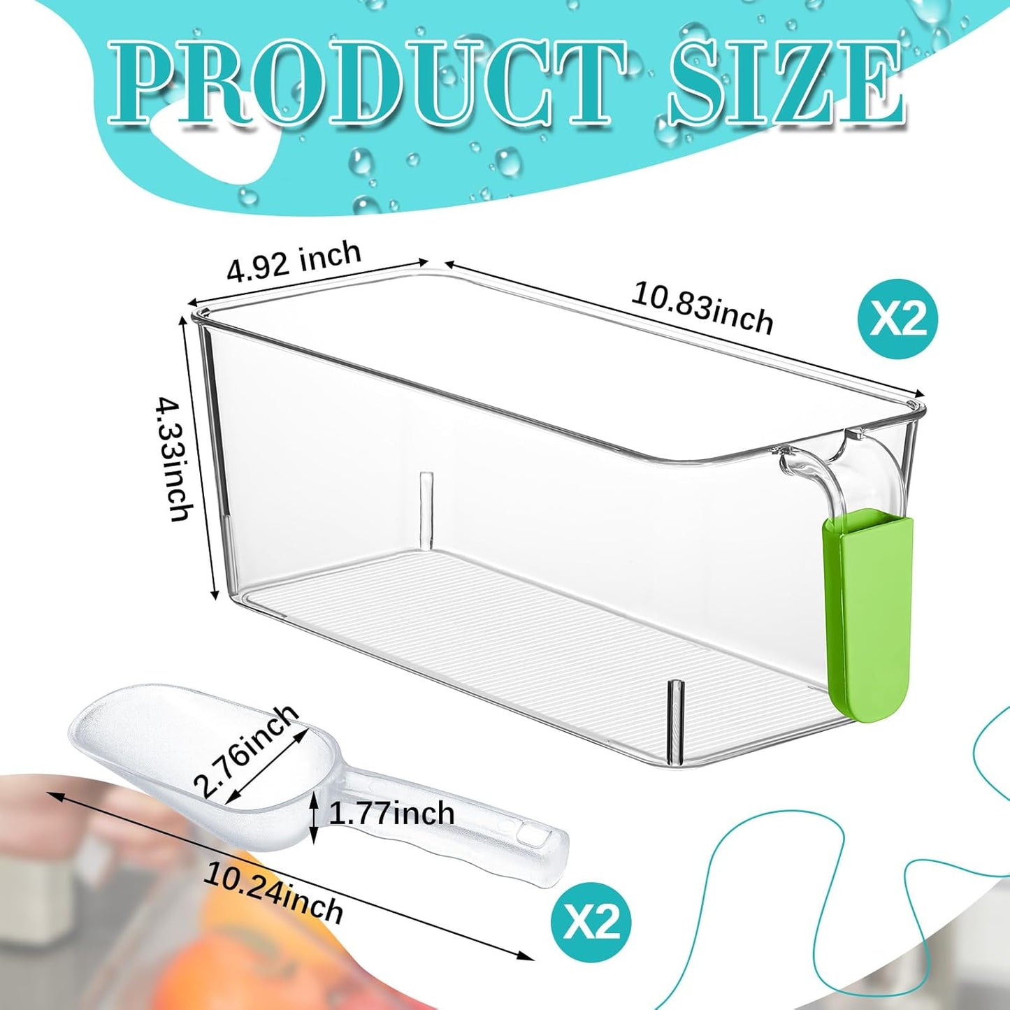 Havawish Ice Storage Bin and Flexible Scoop Set Plastic Freezer Bin with Pull Out Handle Storage Bucket Clear for Container with Scoop(Grey,10.83 x 4.92 x 4.33 in,Classic)