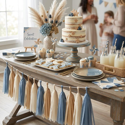 15PCS Dusty Blue Tan and Cream Tissue Paper Tassel Garland Fringe Streamers for Neutral Boho Boy Baby Shower Bunting Coastal Bachelorette Wedding First Birthday Nursery Wall Hanging Party Decor