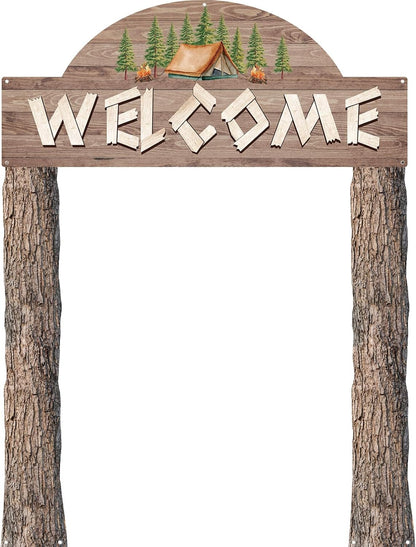 Peryiter 3 Pcs Camping Themed Party Decorations Banner Welcome Porch Sign with 1 Double Sided Tape for Summer Camp Birthday Hawaii Baby Shower Themed Party Activity Decor door (Forest Style)