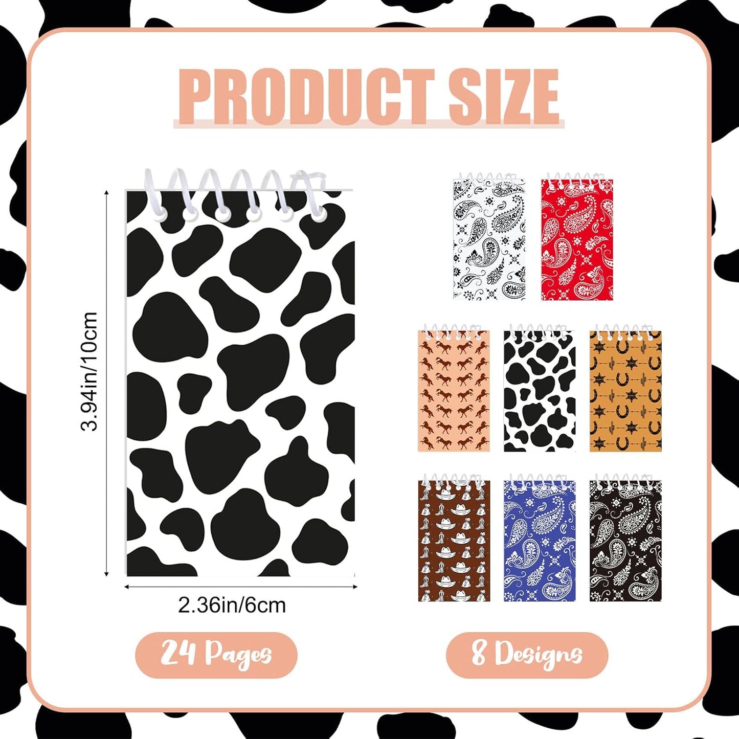 Teling 24 Pcs Western Cowboy Spiral Notebooks, Paisley, Cowboy Hat, Horseshoe, Cactus, Cow Pattern, Small Mini Notepads Cowboy-themed Stationery, Country-style Decor, Western Party Favors