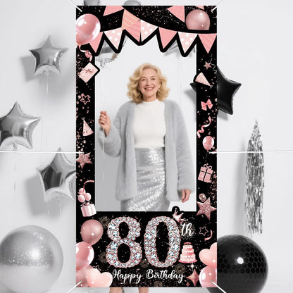 Pink 80th Birthday Neon Photography Banner Backdrop Glow Party Disco Dance Neon Theme Birthday Banner Photo Frame Props Props Selfie Background Face Cutout Photo Props Decoration