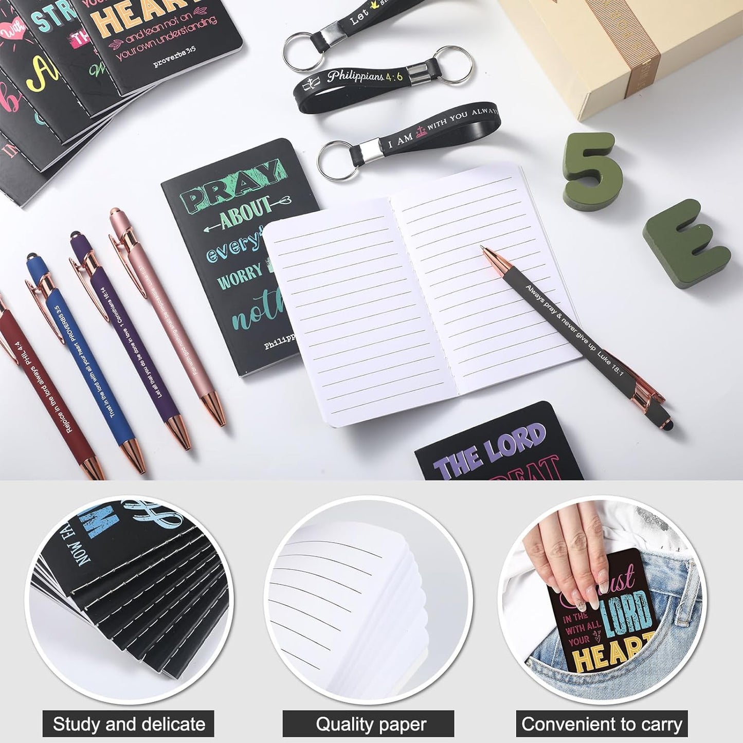 PerKoop 48 Pcs Inspirational Gifts Bulk Motivational Notepads Ballpoint Pens Keychains Set Modern Farmhouse Journal Notebooks Christian Gifts for Teachers School Office Party Favor Supplies