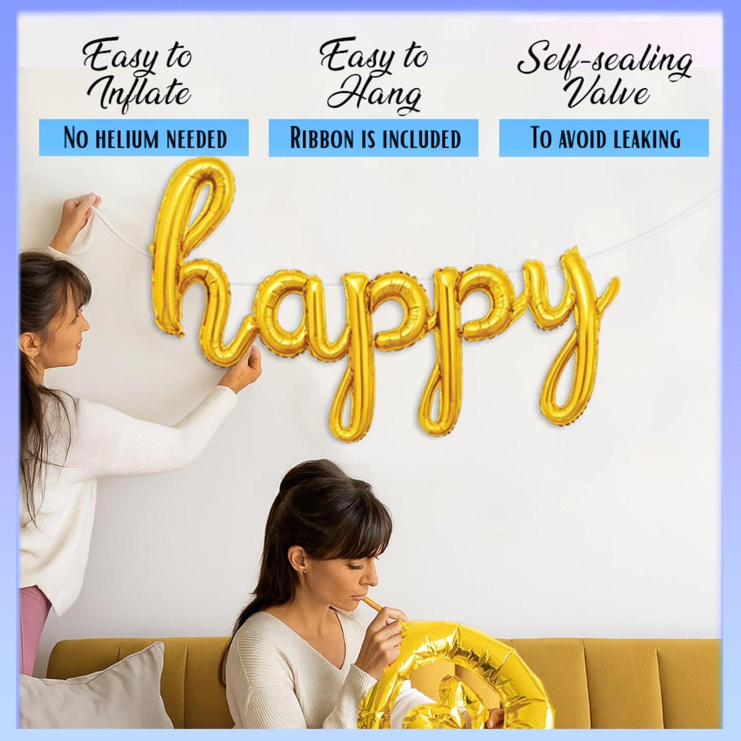 Gold Happy Birthday Balloons Banner | Script/Cursive Gold Letter Balloon Sign for Birthday Party Decor/Decoration | Foil Mylar Happy Birthday Banner