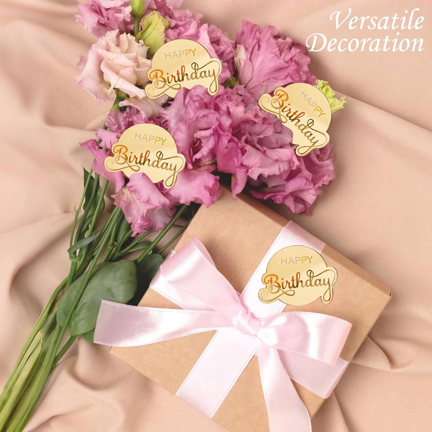20pcs Gold Mirror Acrylic Happy Birthday Cupcake Toppers Round Engraved Cake Picks Happy Birthday Cake Toppers for DIY Birthday Gift Flower Bouquet Pastries Desserts Decor